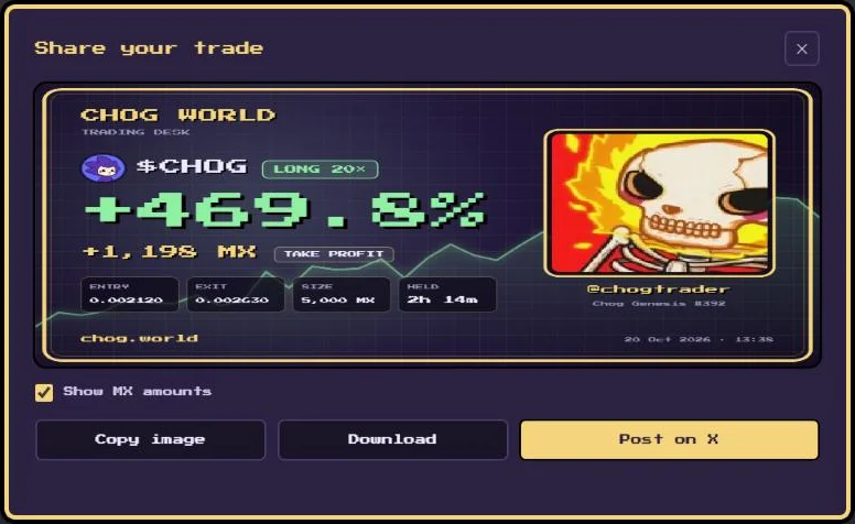 The Share your trade window with Copy image, Download and Post on X